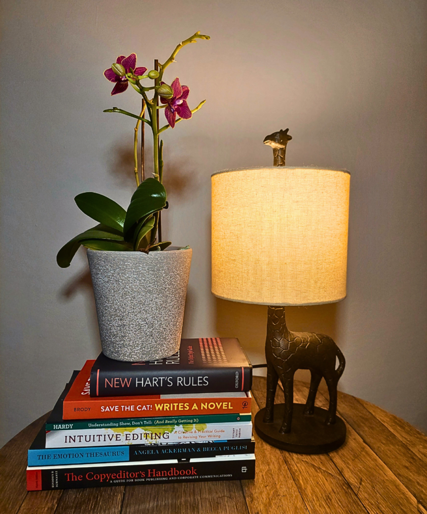 Image of a stack of books sitting on a table. An orchid in a grey vase sits on top of the books. To the right of the books is a table-lamp in the shape of a giraffe.